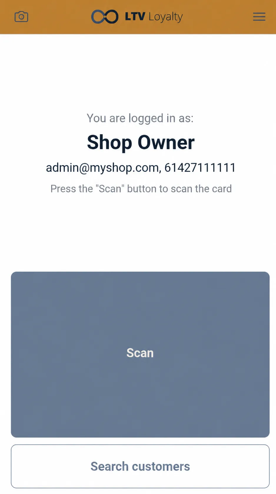 LTV Loyalty scanner app screen